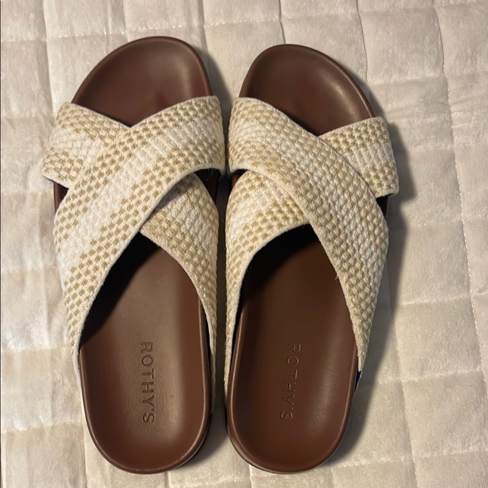 Rothy's Cream and Brown Slide Sandals with Criss-Cross Design